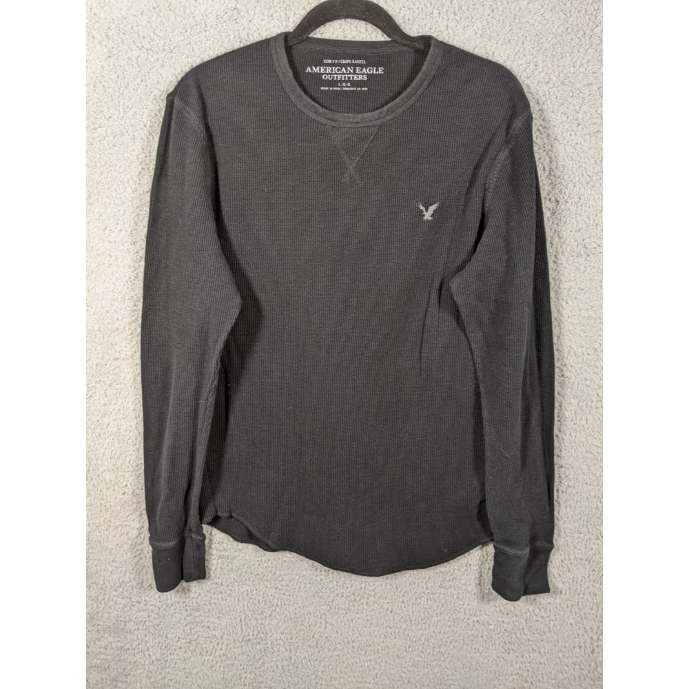 American Eagle Outfitters Slim Fit Thermal Shirt Men L Black Waffle Knit Casual